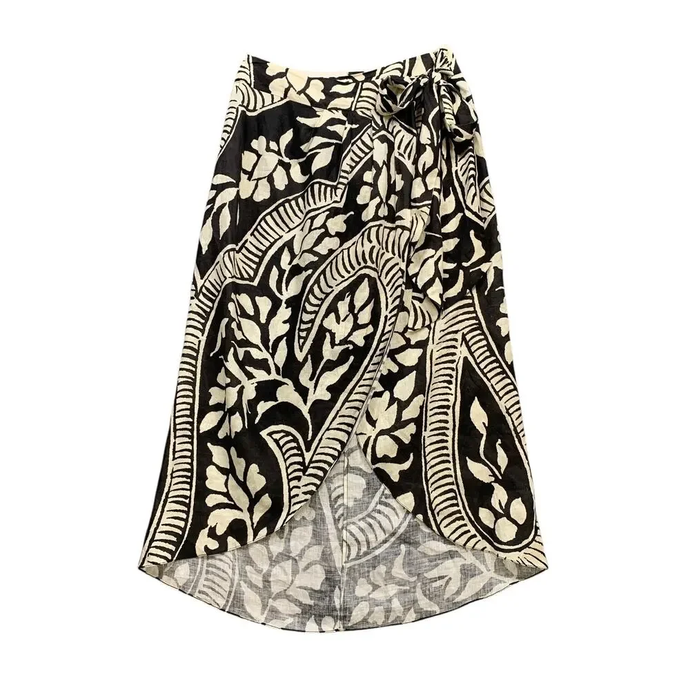 Johanna Ortiz Skirt Women 6 Espresso Cream Zebra Found In India Wrap Tie Linen